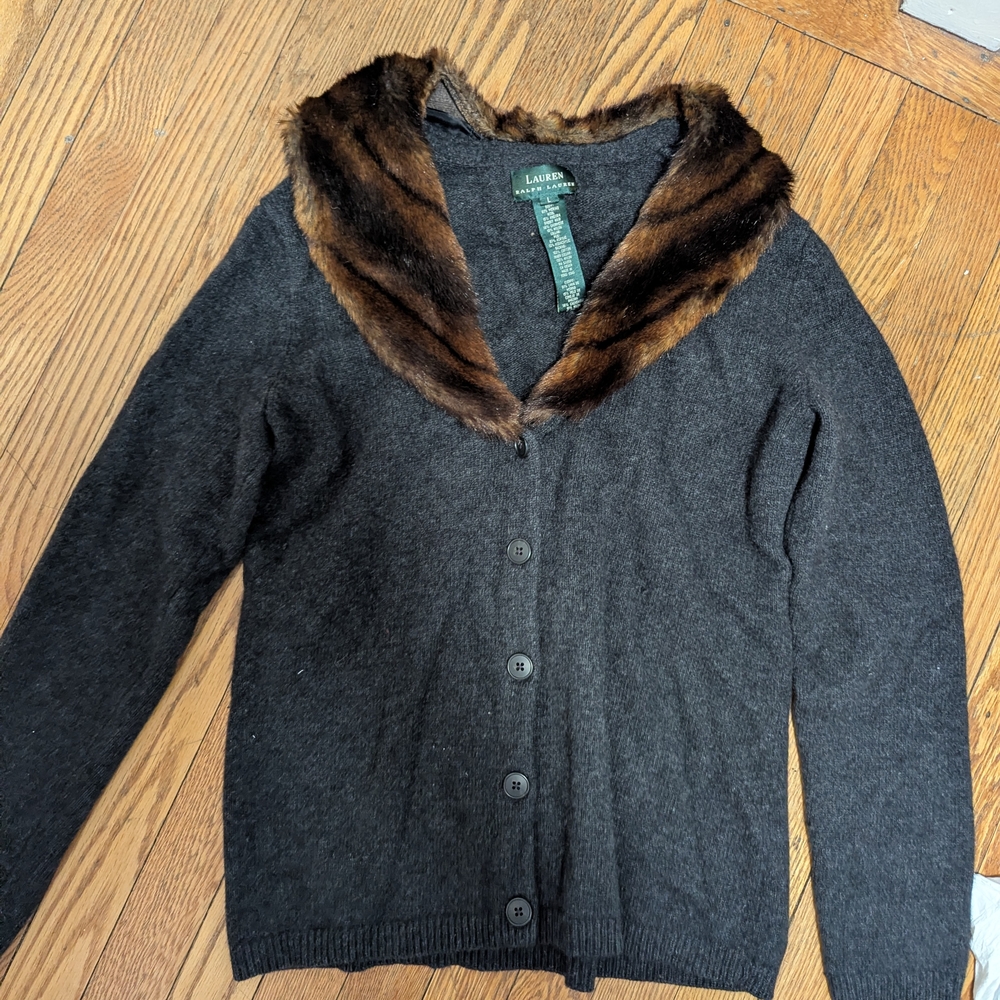 Lauren Ralph Lauren Dark Charcoal Cardigan with Brown Faux Fur Collar